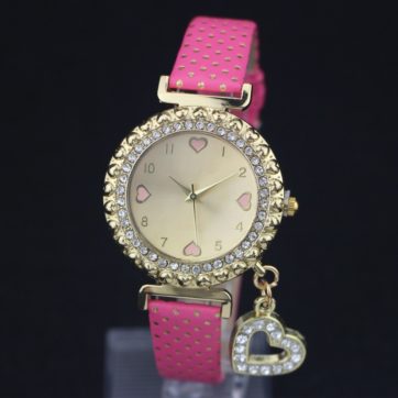 Reloj rosa extensible piel sintética dije de corazón con diamantes R1256