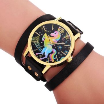 Reloj pulsera negro unicornio colores extensible piel sintética R2520
