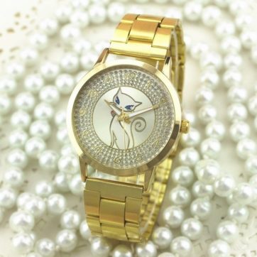 Reloj extensible metal dorado gatito diamantes R270
