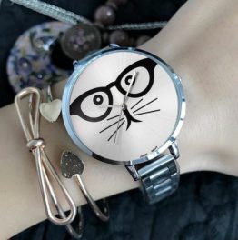 Reloj plata extensible de metal con cara de gato y lentes R1829