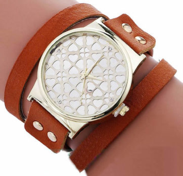 Reloj pulsera marrón relieve trébol extensible piel sintética R2037