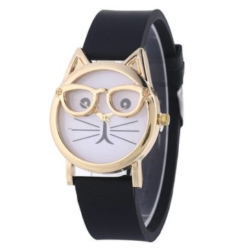 Reloj negro extensible de caucho con cara de gato y lentes R2325