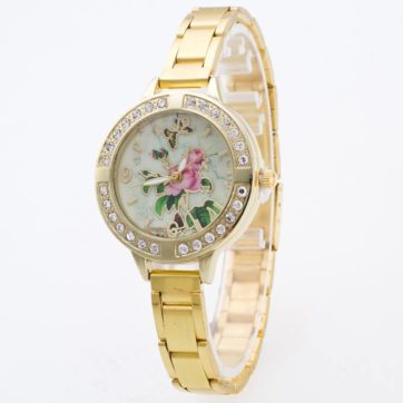 Reloj dorado rosas y mariposa diamantes extensible delgado metal R2572