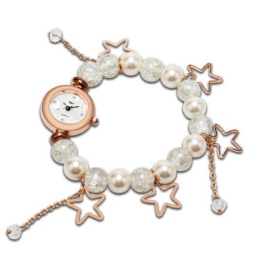 Reloj pulsera blanco con perlas y dijes de estrellas a la moda R2628