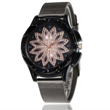 Reloj Negro Extensible Metal Mesh Caratula Flor de Loto Plateada R2940